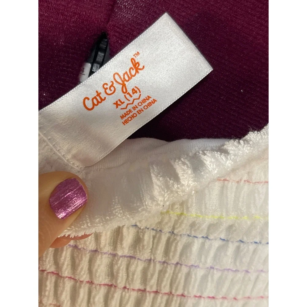 Cat & Jack Swim Cover-Up Kids XL 14 White New Terry Smocked Rainbow Stitching